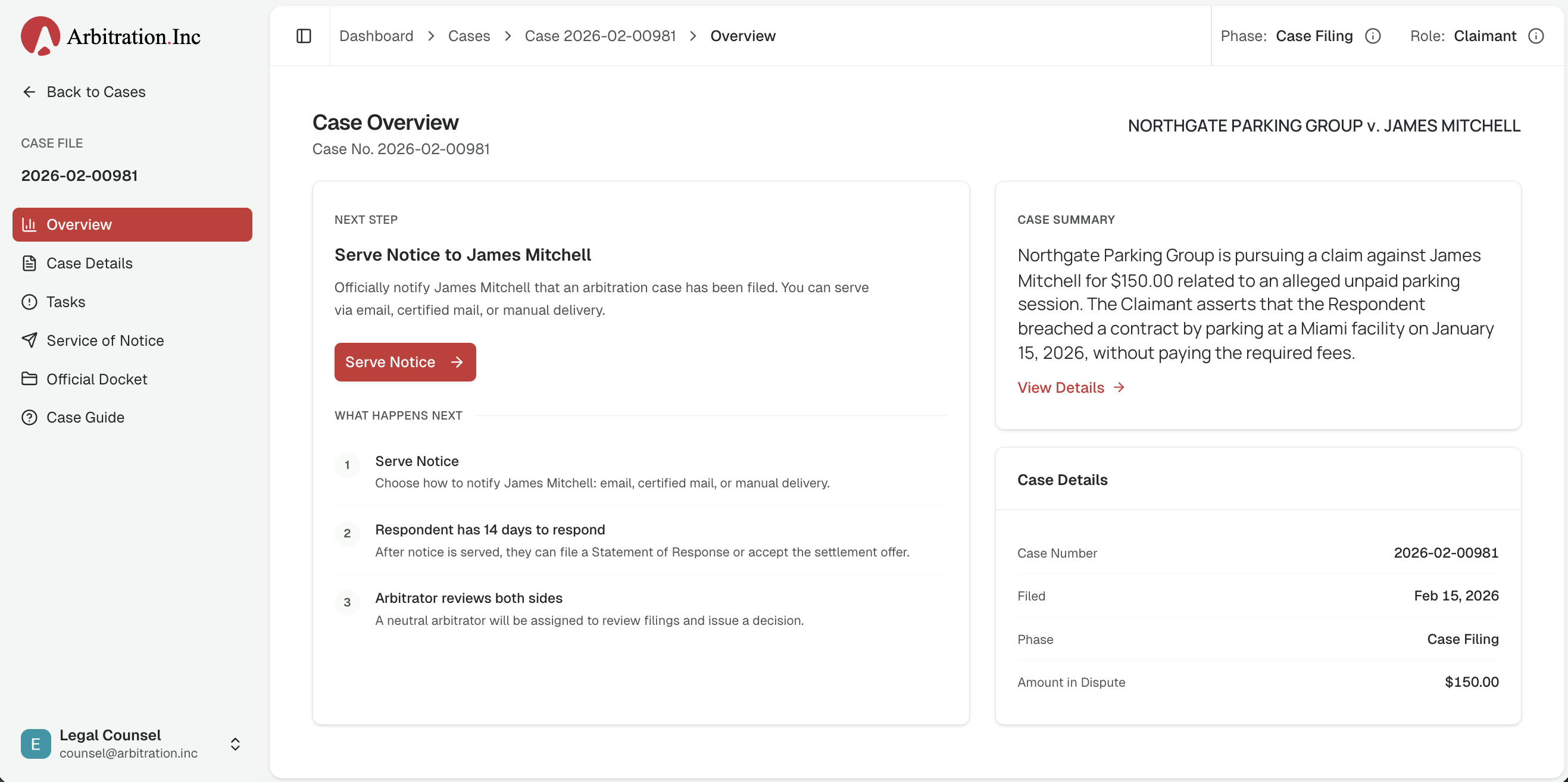 Arbitration.Inc platform, case overview with phase tracking and next steps