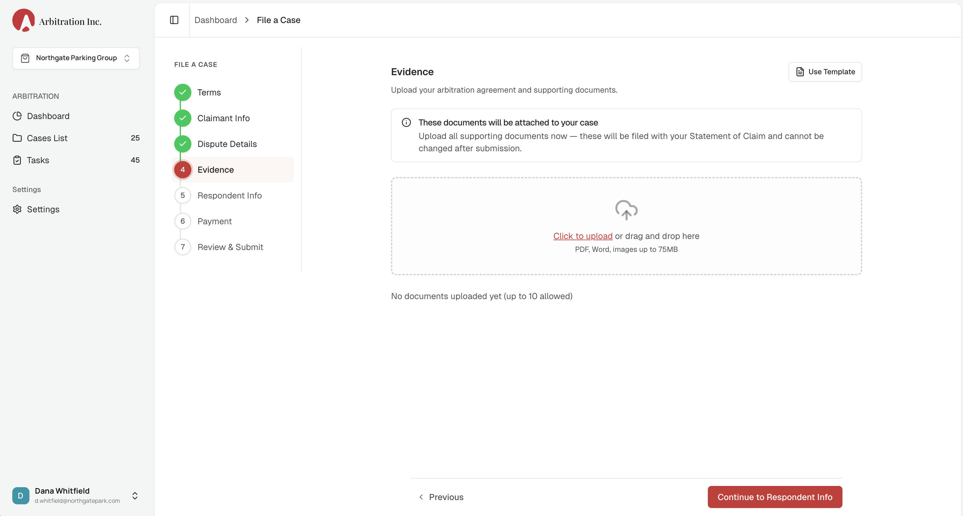 Arbitration.Inc platform, guided case filing wizard with evidence upload