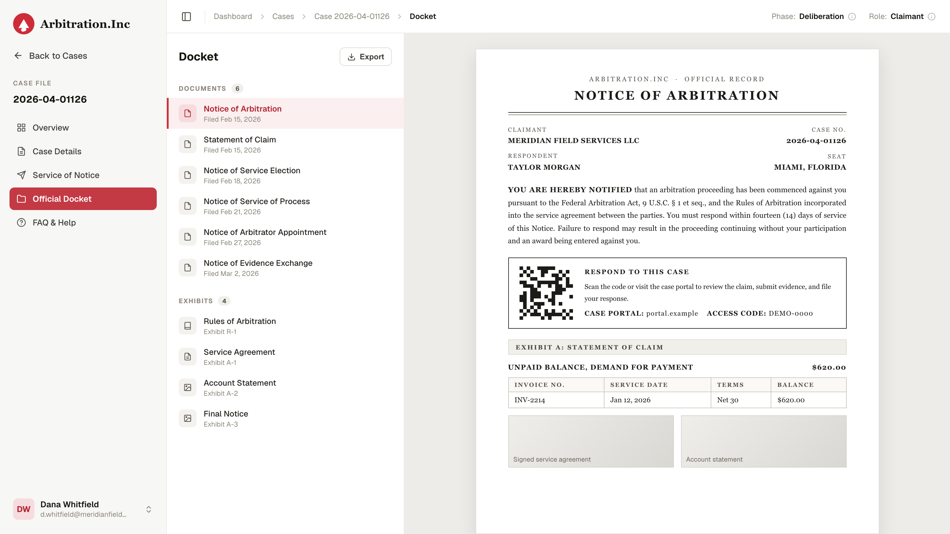 The official case docket, with a served notice of arbitration, documents, and exhibits